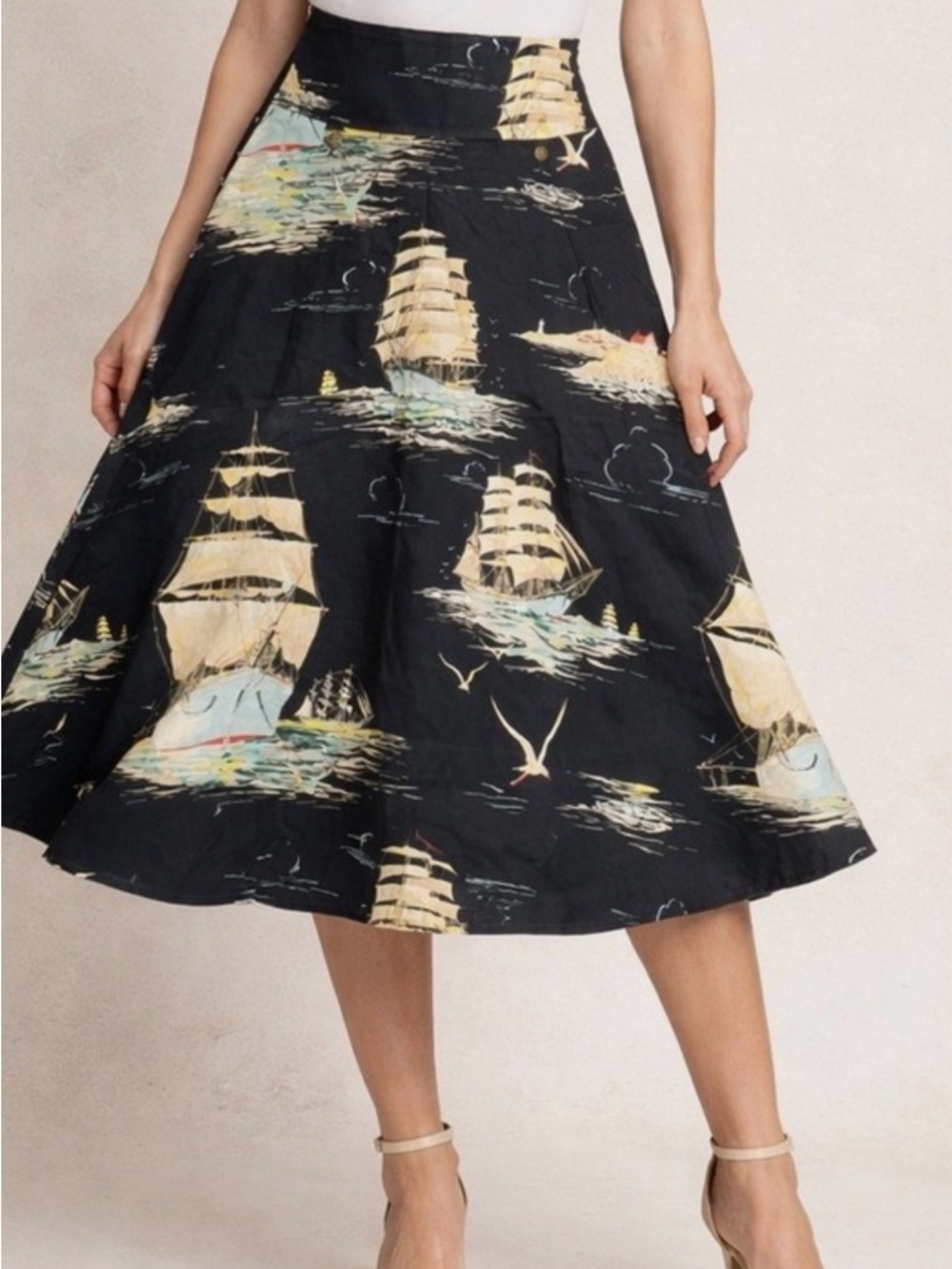 Vintage-Inspired Black Nautical A-Line Skirt